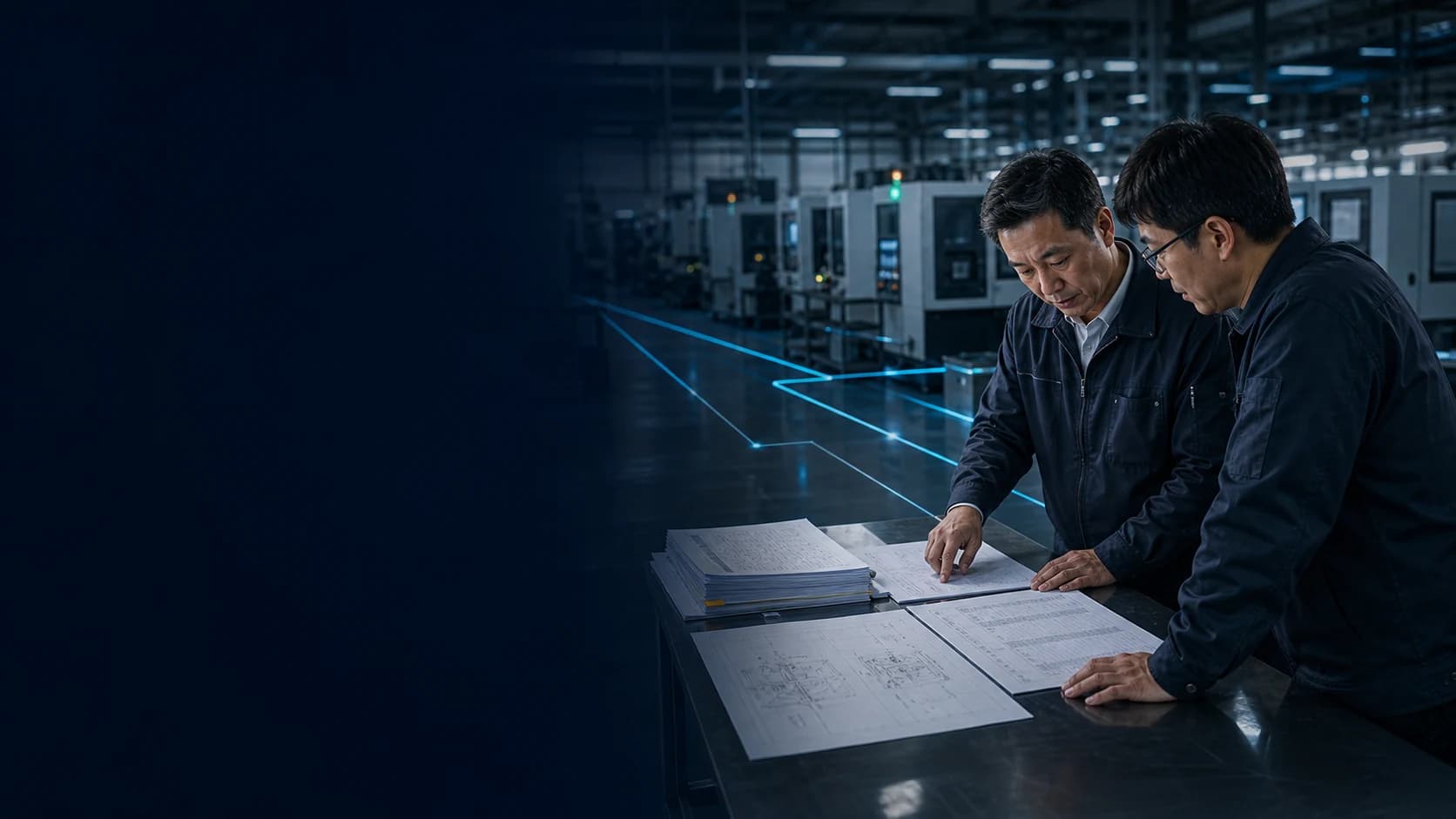 An engineer beside the production line checks orders against part design drawings